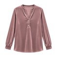 thumbnail image 4 of Women's Elegant Velvet Henley Blouse V Neck Long Sleeve Loose Tunic Shirts Dress Tops Fall Winter Business Casual Party Outfits Pink, 4 of 6