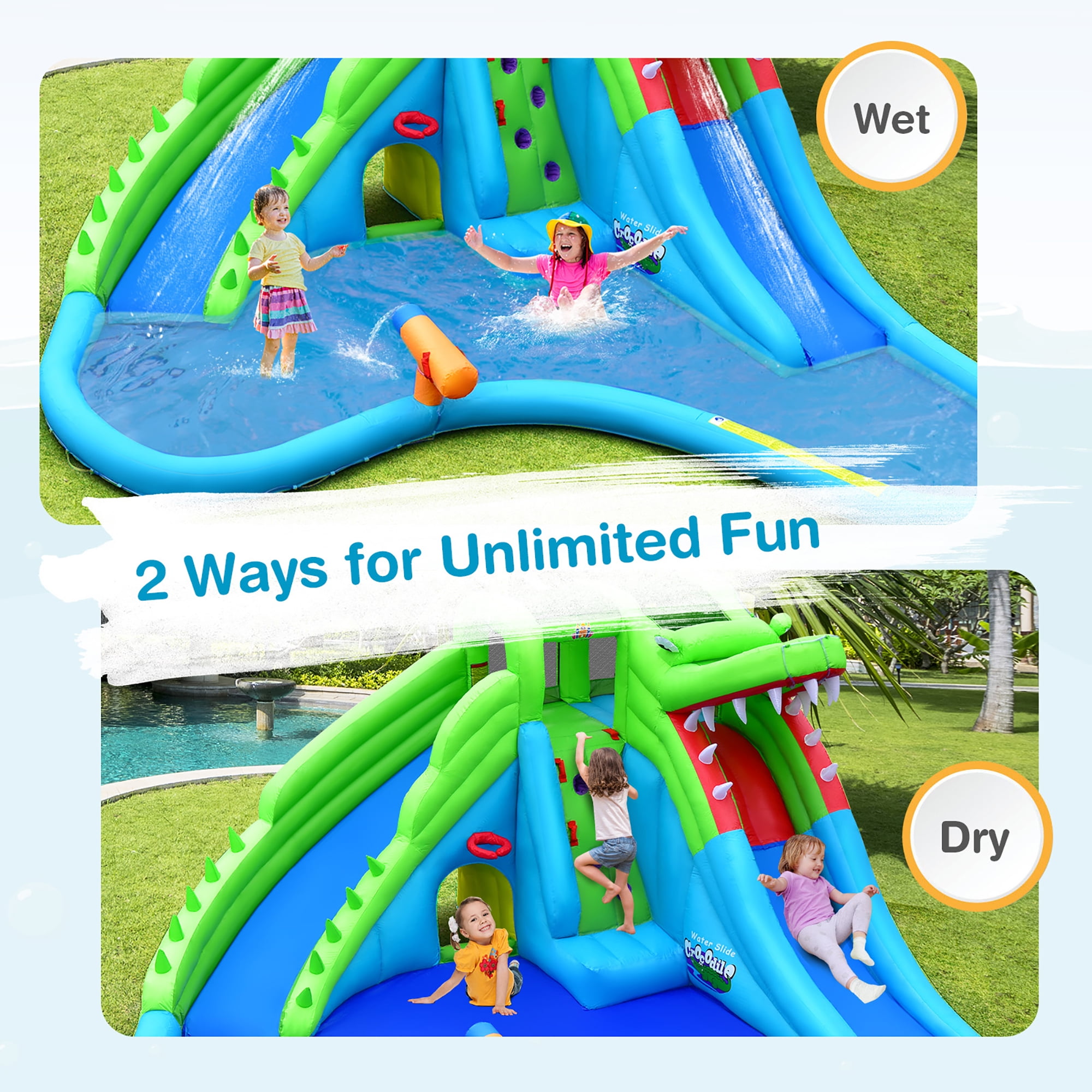Costway Inflatable Water Slide Kids Bounce Castle Splash Pool Blower Excluded for Toddler, Bouncy Water Park