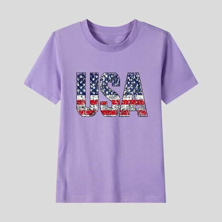 BLTIBY Girls Boys Summer Short Sleeve Top Child Kid Round Neck Independence Day Printed Cotton Shirts Infant Toddler Fashion Casual Loose Pullover Blouses Purple 7-8 Years