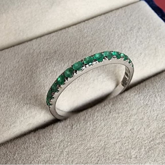Emerald Wedding Band, Half Eternity Band Stacking Band Matching Anniversary Gift Ring 925 Sterling Silver Gemstone Jewelry For Women Gift
