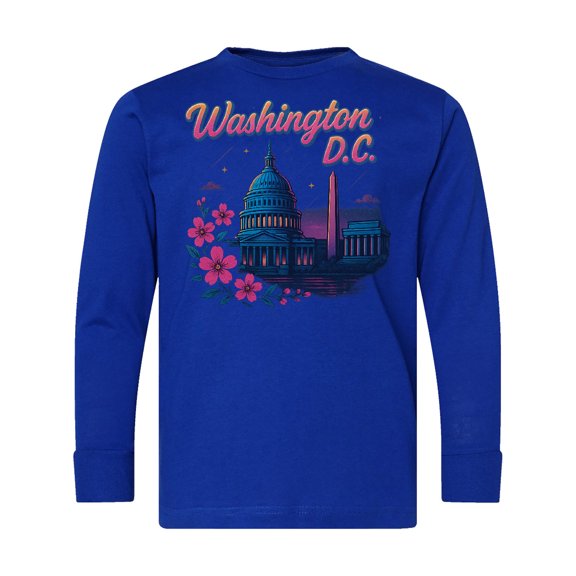 Inktastic Washington D.c. Skyline Cherry Blossoms Long Sleeve Youth T-Shirt