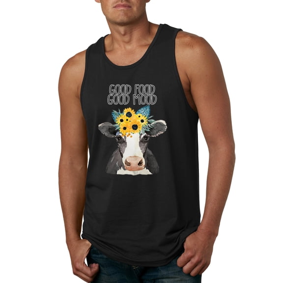 Wild Bobby, Good Food Good Mood Funny Cute Cow Animal Lover Mens Graphic Tank Top, Black, Small