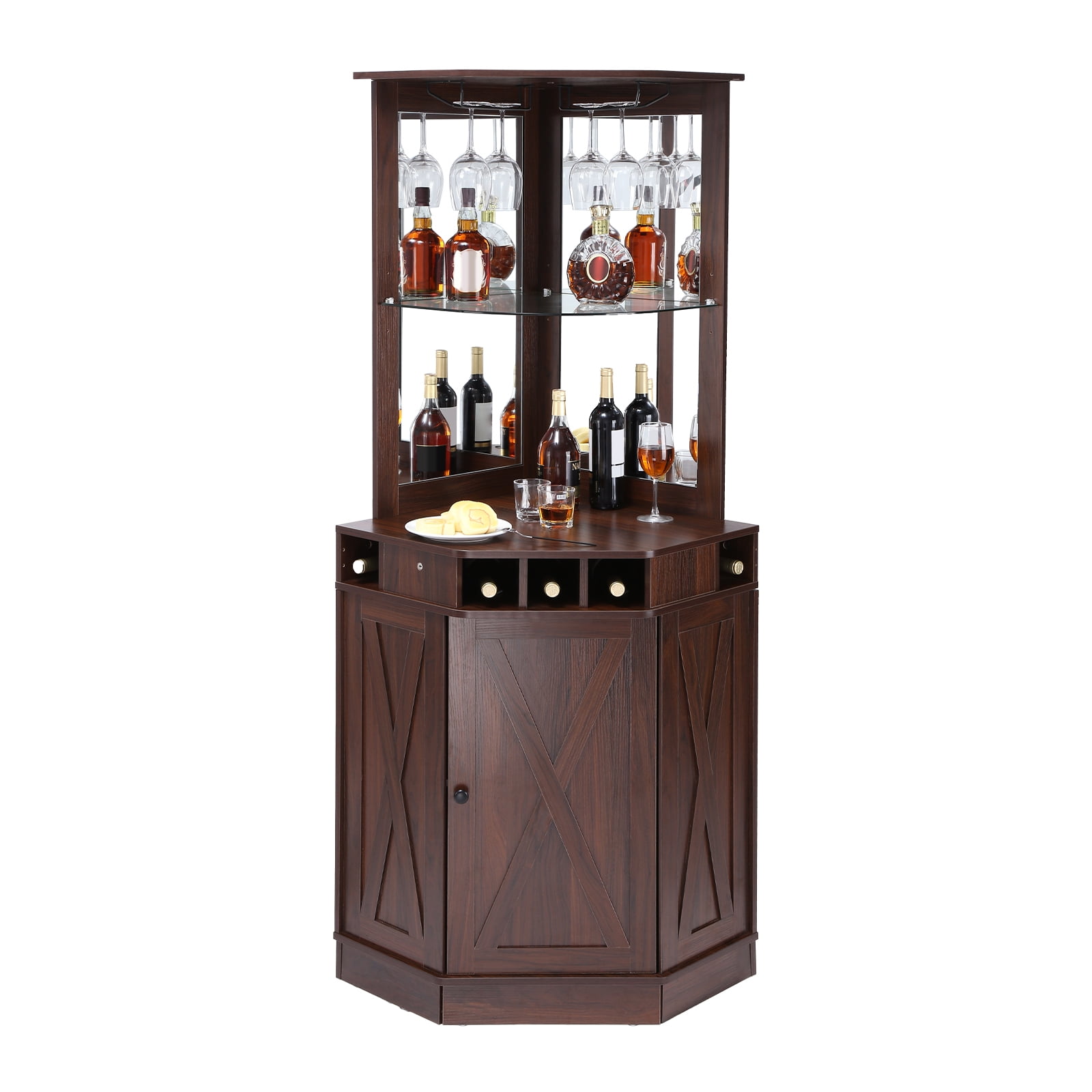 OKD Tall Dining Home Liquor Storage Rustic Farmhouse Corner Wine Bar Cabinet with LED Lights White Walmart