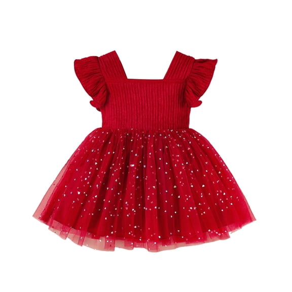 xfsWaSs Baby Girls Tutu Dress Toddler Ruffle Sleeveless Shiny Heart Prints Birthday Princess Tulle Dresses Stylish Summer Party Dress 9-12 Months
