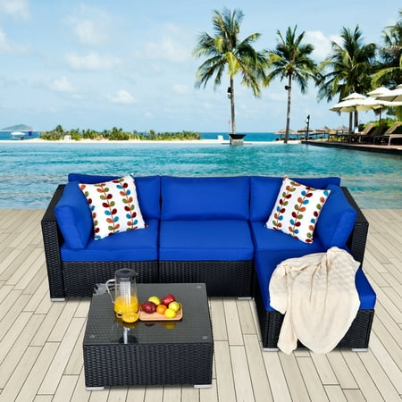 Superjoe 5 Pcs Outdoor Furniture Sectional Sofa Set Patio Wicker Sofa All-Weather Black PE Rattan Royal Blue Cushion
