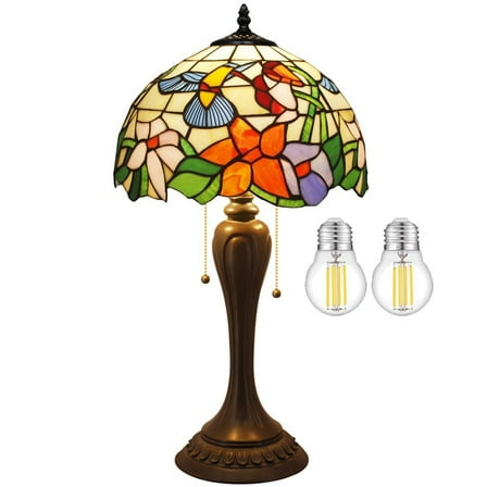 Bedside Table Lamp Tiffany Style Desk Light, Stained Glass Hummingbird Shade, Thin Antique Resin Base 22" Tall for Small Space Reading of Living Room Bedroom Banker Hotel WERFACTORY LED Bulb Included