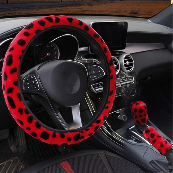 3Pcs /Set Leopard Fluff Plush Steering Wheel Cover Winter Car Accessories