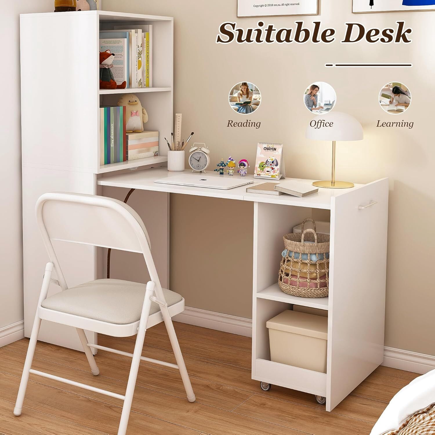 Montary Mobile L-Shaped Desk with Shelves & Wheels, Foldable & Expandable Office Desk for Small Spaces (White)