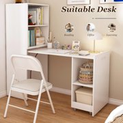 Montary Mobile L-Shaped Desk with Shelves & Wheels, Foldable & Expandable Office Desk for Small Spaces (White)