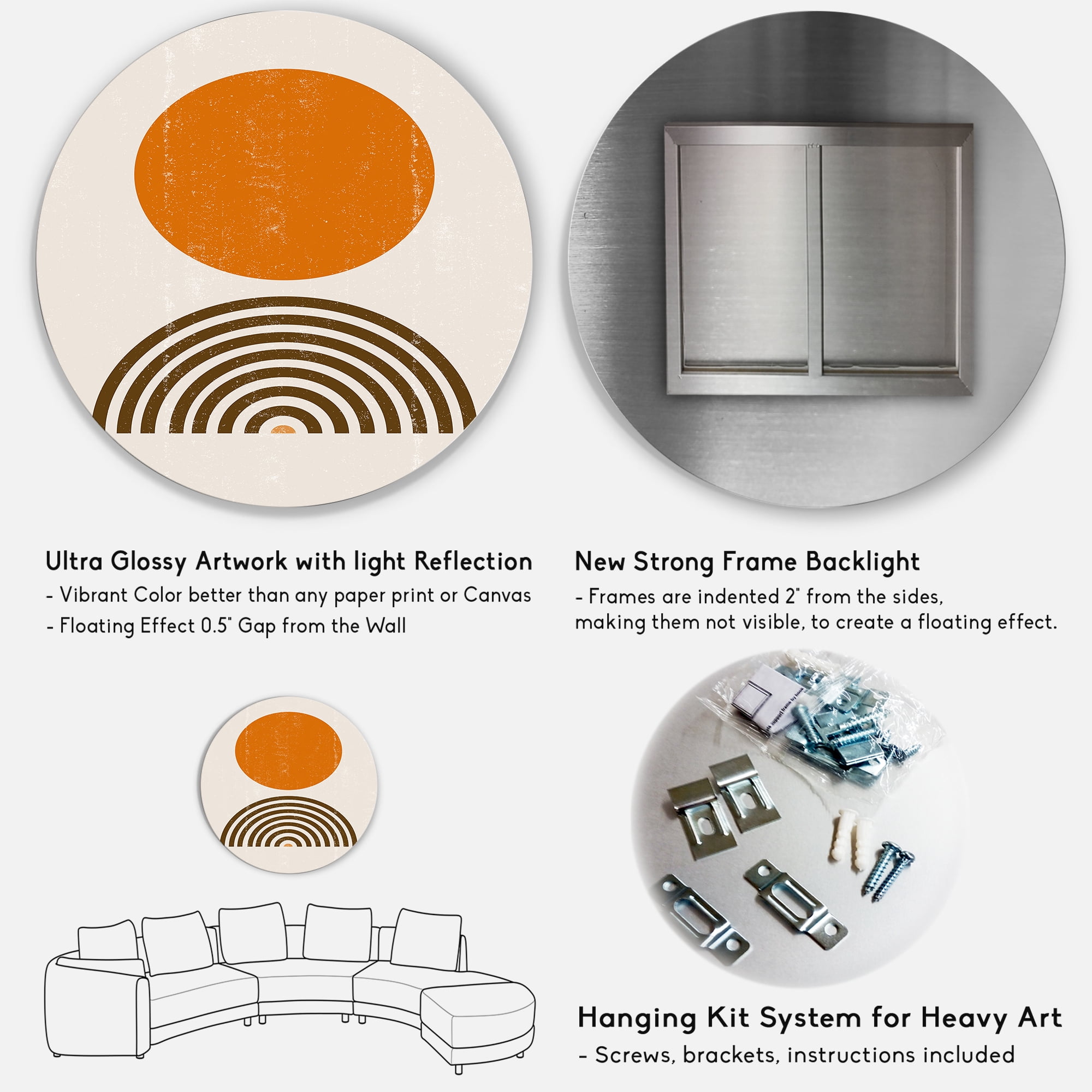 Designart 'Abstract Minimal Rainbow and Orange Sun I' Modern Circle Metal Wall Art 23x23 - Disc of 23