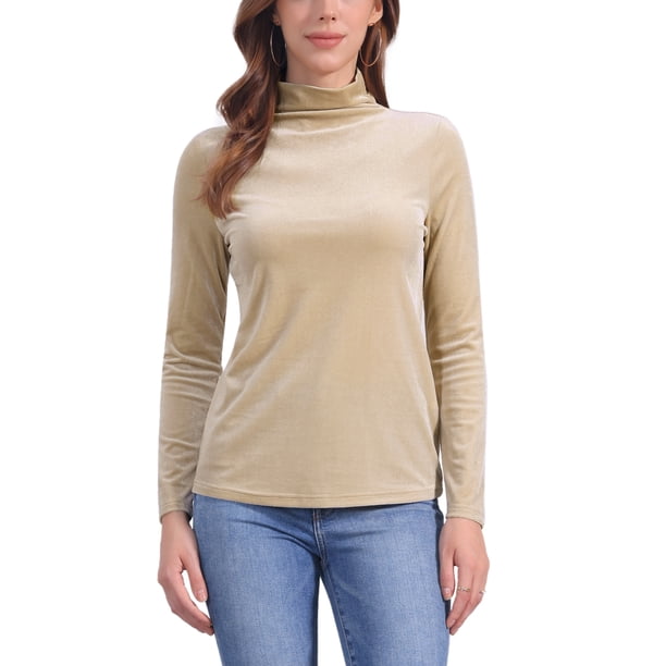 INSPIRAR CHIC Blusa de Mujer de Manga Larga Cuello Mock Cuello de Tortuga de Terciopelo Elástico XL Albaricoque