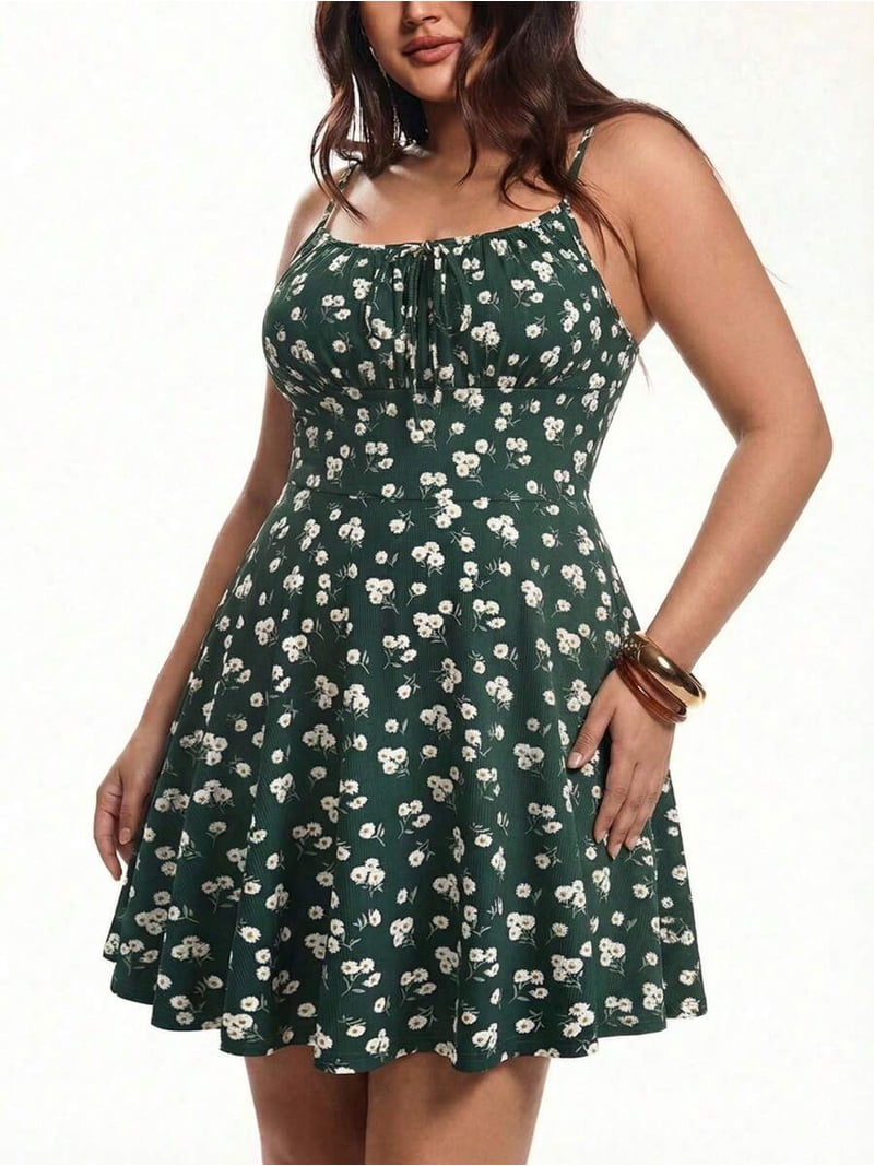 dark green milkmaid dress /// Plus Size Summer Dark Green Ditsy Floral Spaghetti Strap Cami Mini Dress Milkmaid Dress, Women's, Size: 1XL