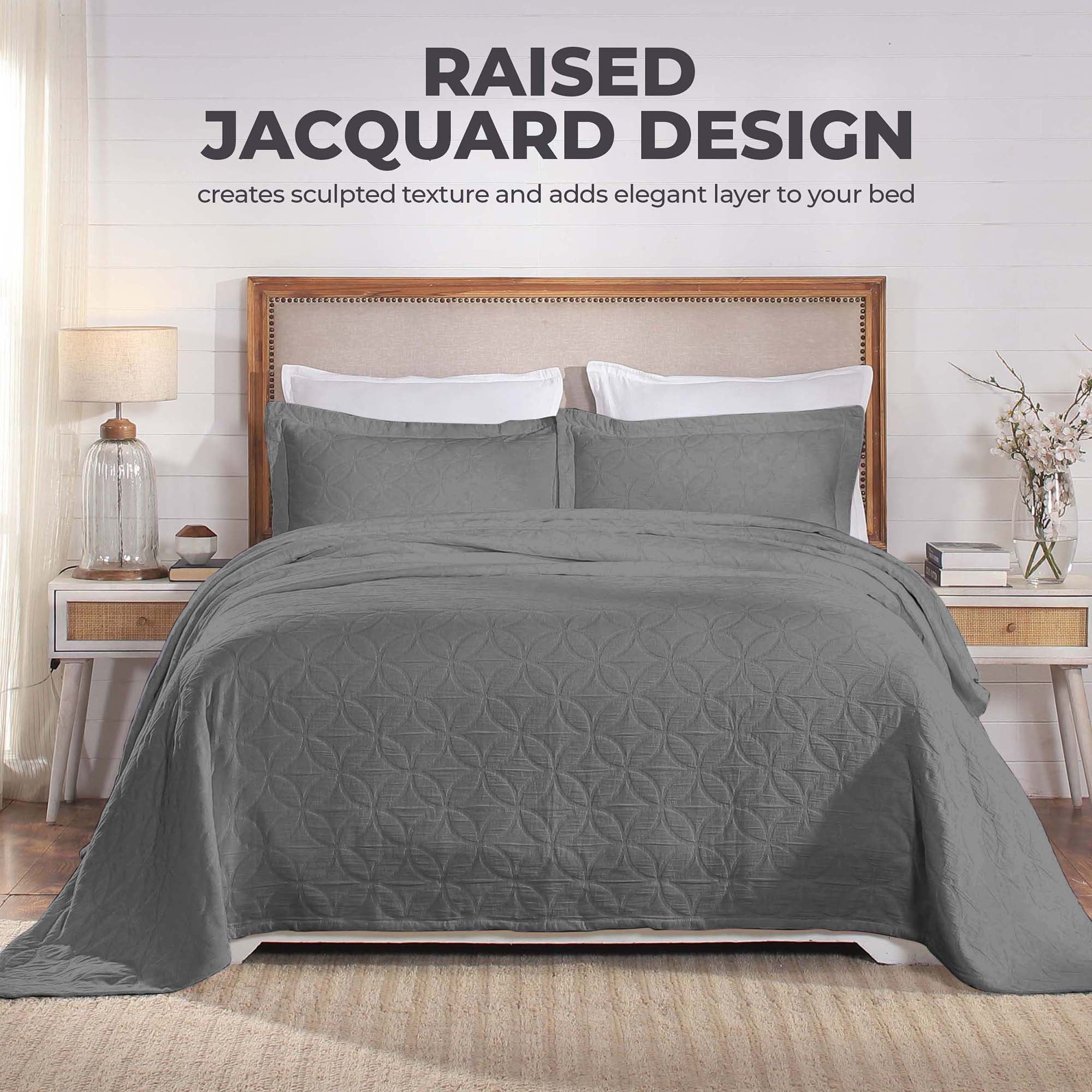 Superior 3-Piece Serenity Cotton Matelasse Gray Bedspread Set, King