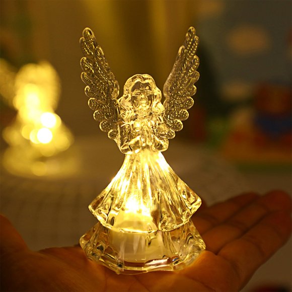 KOYPTL Acrylic Angel with Guardian Sparkling Light,Yellow Led Lighted Little Angel Figurine,Angel Statue Prayer Bedside Mini Night Light Desktop Decor Gift for Winter Christmas Stocking Stuffers