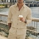 thumbnail image 1 of Blusa y camisa de manga larga con cuello vuelto para hombre, estilo informal, color liso, con solapa, bolsillo y botones, de poliéster., 1 of 8