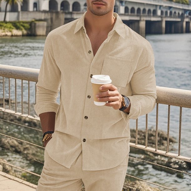 Blusa y camisa de manga larga con cuello vuelto para hombre, estilo informal, color liso, con solapa, bolsillo y botones, de poliéster.
