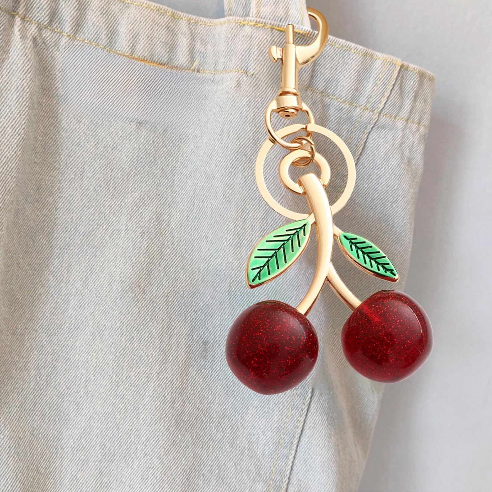Cute Kawaii Cherry Bag Charm Keychain - Sparkling Alloy Purse Accessory Gift For Women & Girls