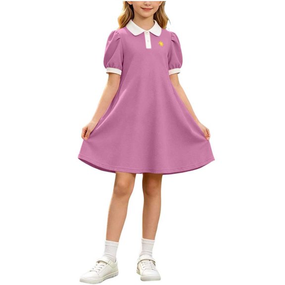 Preppy Collared Dresses Girls Puff Sleeve Aline Polos Dress School Uniform Fall Summer Dresses Pink, Size 5 Y