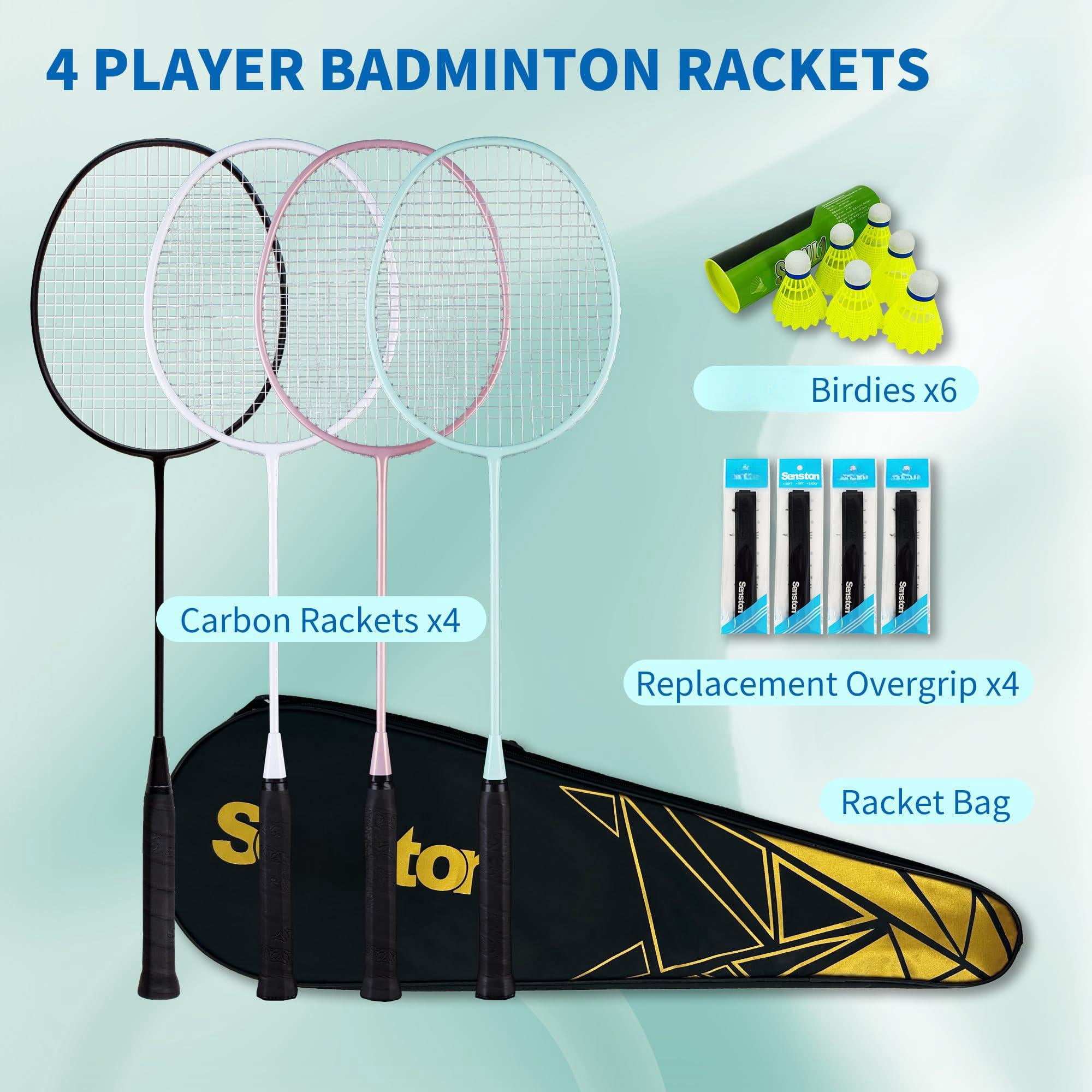 Professional Badminton Rackets Set Of 4 - Carbon Fiber  6 Shuttlecocks 4 Grips & Bag For Backyard Games | 90g Lightweight