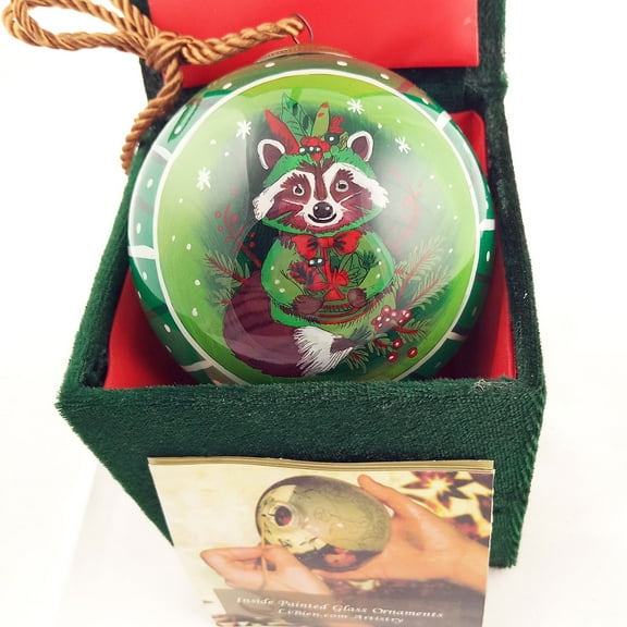 Raccoon Green -Manual 𝑶𝑹𝑰𝑮𝑰𝑵𝑨𝑳 Design Inside Painted Glass Ball Ornament Handmade for Home or Office Perfect for Halloween, Thanksgiving, Christmas