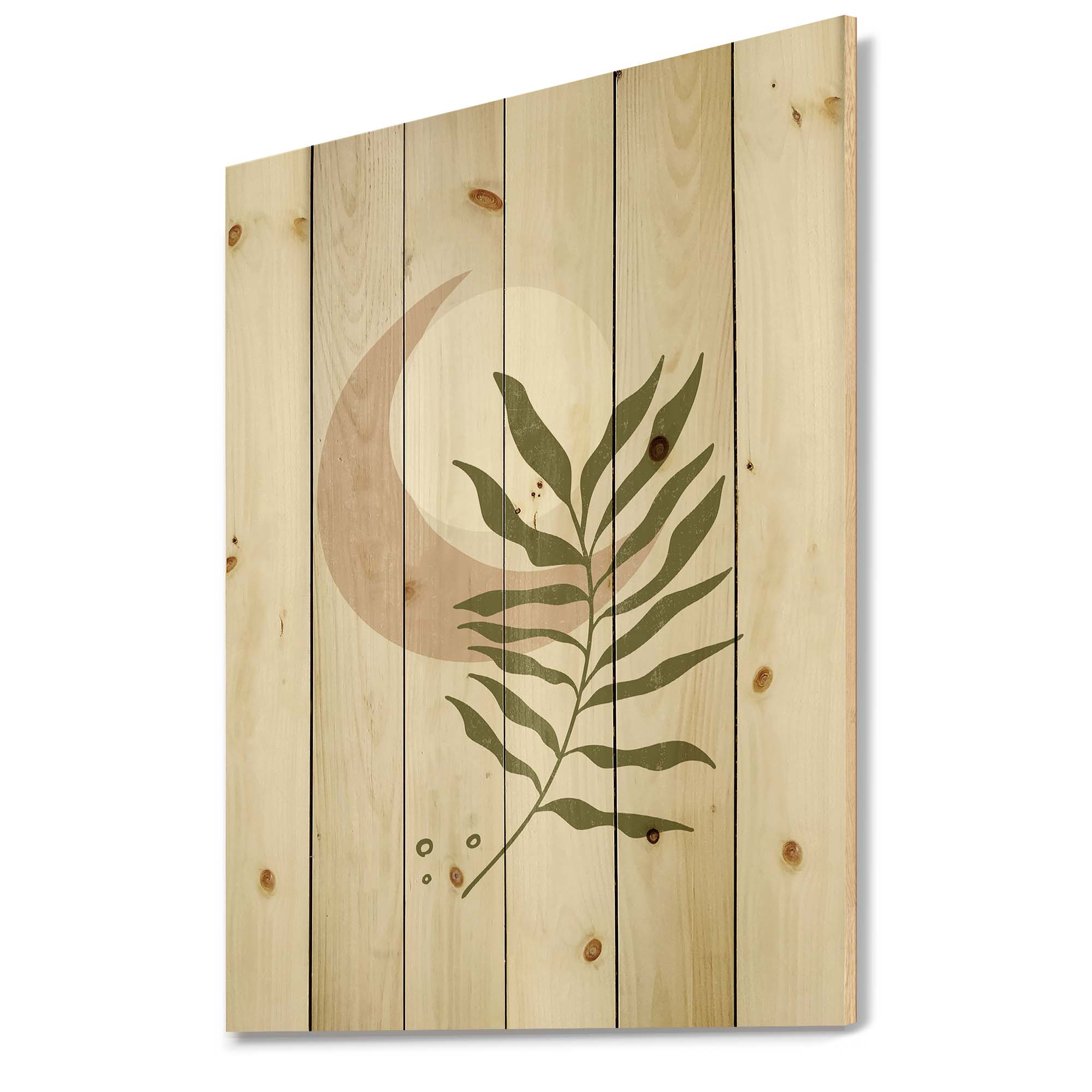 Designart 'Abstract Geometrical Leaf With Moon II' Modern Print on Natural Pine Wood