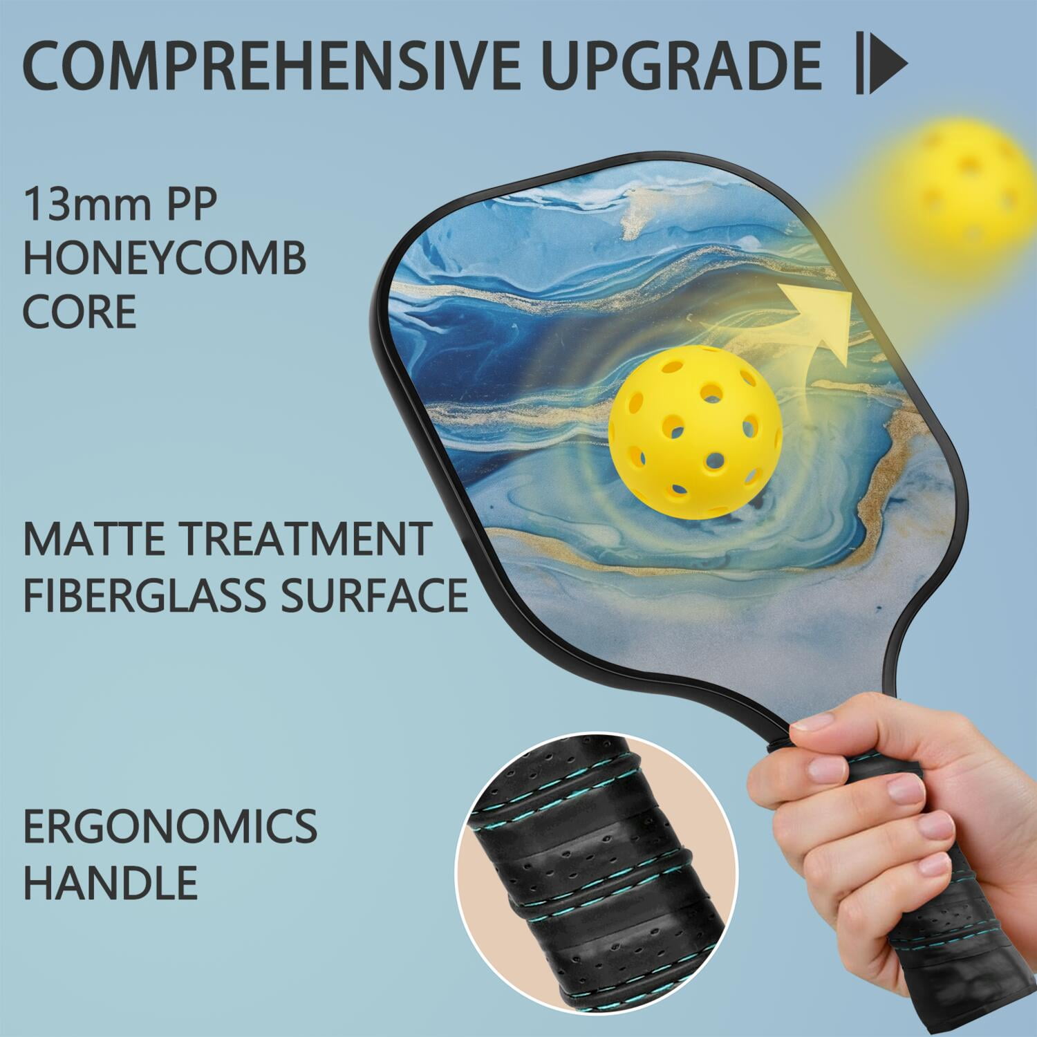 Pickleball Paddles Set Of 2, Fiberglass Surface, Turquoise Marble Pattern, 4 Balls & Bag