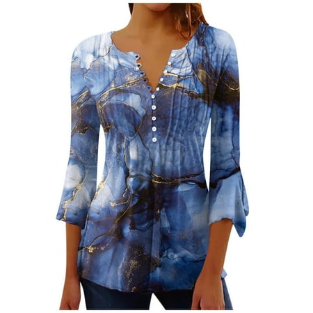 

Summer Savings Clearance Shirts ! Wenini Tunic Tops for Women Casual 3/4 Sleeve Flower Printed Buttoned Shirt Basic Ruched Corset Comfy Pleated T-Shirts Blouses Dark Blue XXL