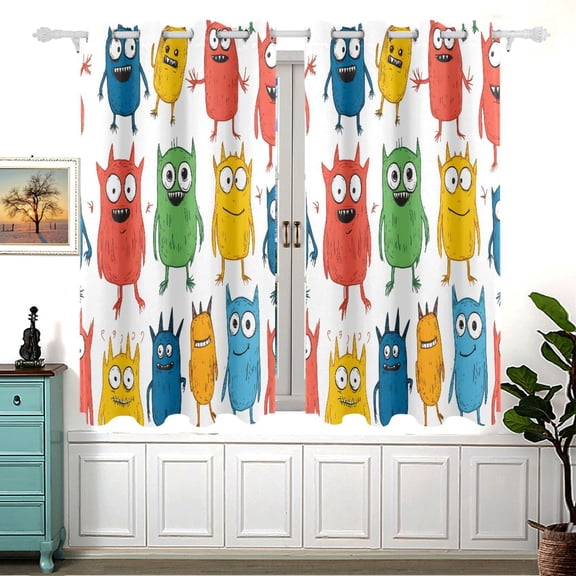 Little Monster Cartoon Doodle White Background Blackout Curtains for Living Room Bedroom 55W x 54L Insulated Window Drapes 2 Panels