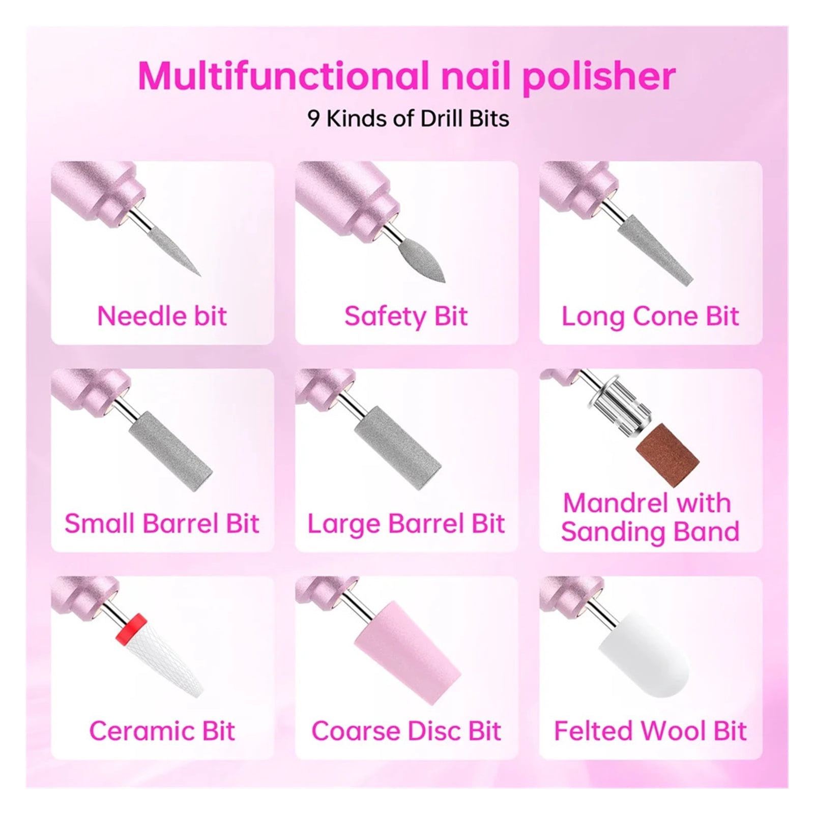 Electric Nail Drill Machine for Acrylic Gel Nails Manicure Pedicure Nail Polishing Tools Home Salon USB Rechargeable