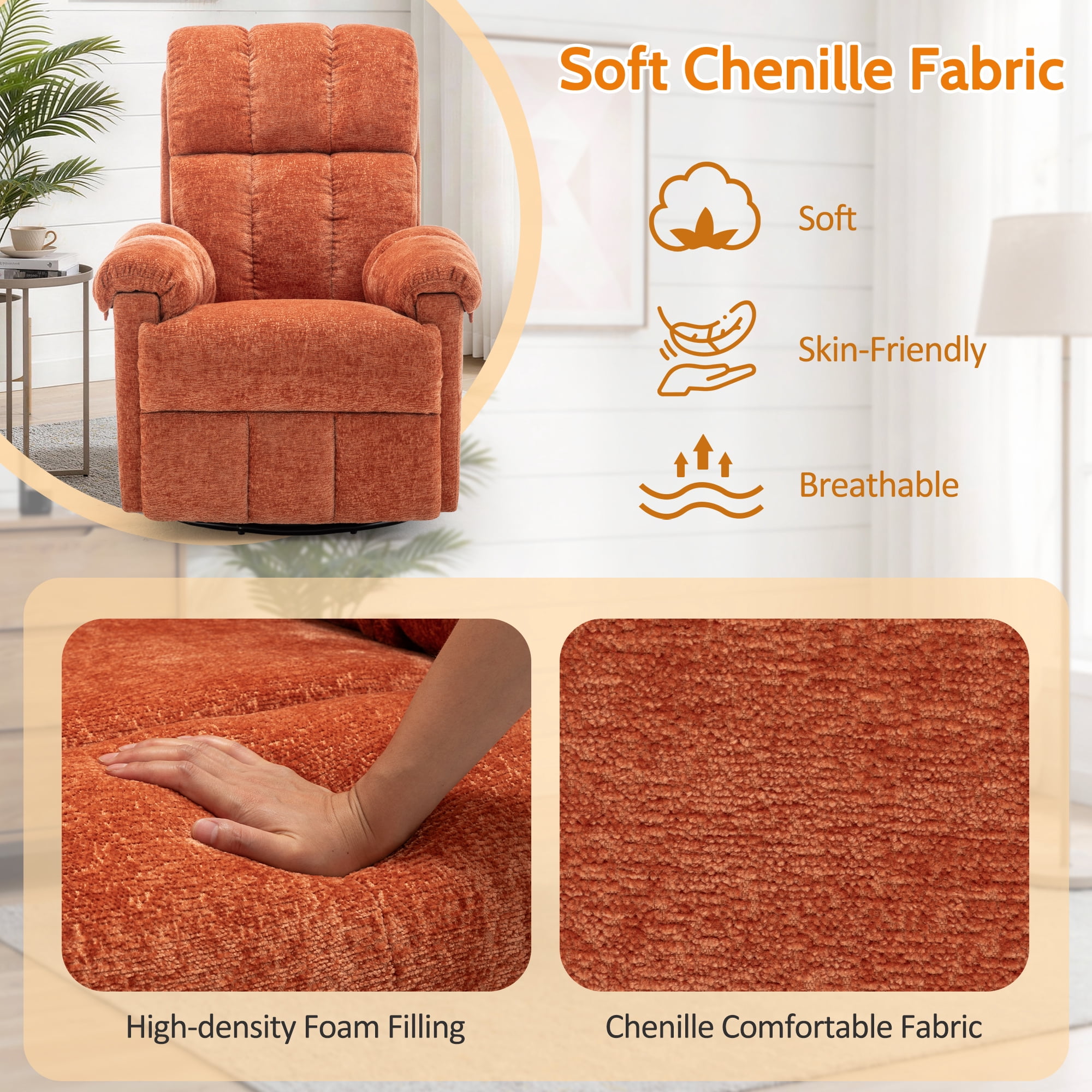 Korser Small Recliners for Small Spaces,Swivel Rocker Recliner Chair with Side Pockets for Living Room,Orange
