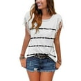 thumbnail image 2 of QLEICOM Women Stripe Tassels Short Sleeve Crewneck T-shirt Blouses Shirts Tops White S, US Size 4, 2 of 7
