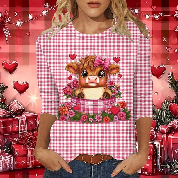 Xuyuer Valentine T Shirts Love Heart Printed Graphic Tee Tops Women's Casual 3/4 Sleeve T-Shirts Round Neck Cute Tunic Tops Basic Tees Blouses Business Work Tee Top Spring Shirts