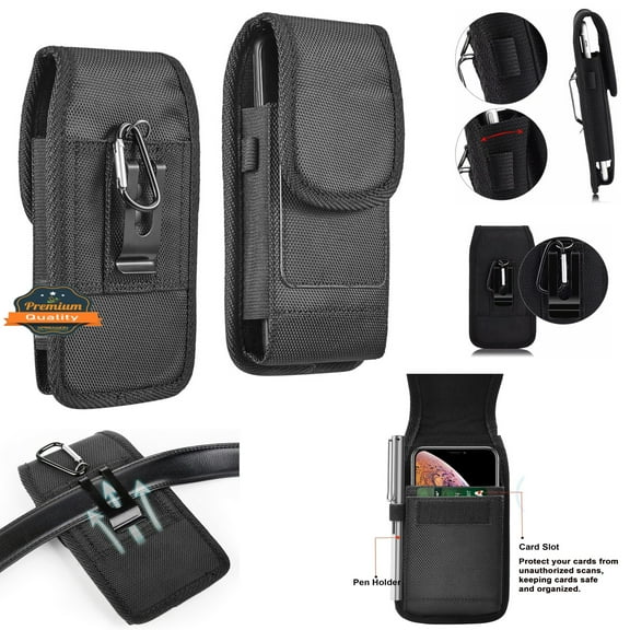 Universal Nylon Canvas Vertical Pouch Holster with Wallet Credit Card Slots & Belt Loop Clip Carrying Phone (Fits 7.0 inch Phone) ,Xpm Universal Pouch [ Black ]