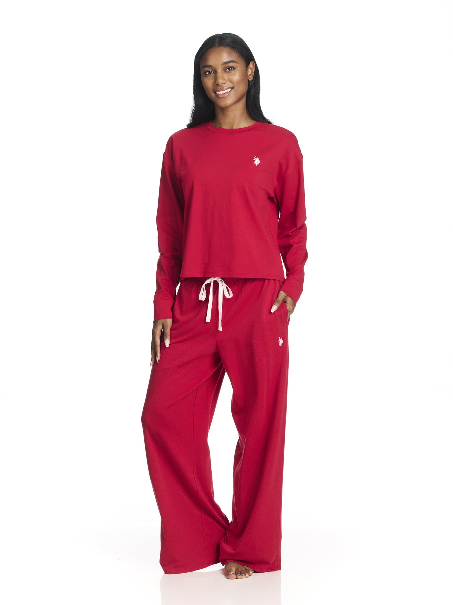 U.S. Polo Assn. Women's Long Sleeve Cotton Span Top and French Terry Wide Leg Pant Pajama Sleep Set, 2-Piece, Sizes S-3X