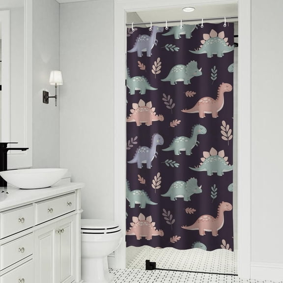 Purple Cartoon Dinosaurs Leaves Pattern Shower Curtain 36"x72" ,Bathroom Decorative Shower Curtains Set with 12 Hooks,Modern Waterproof Washable Shower Curtain