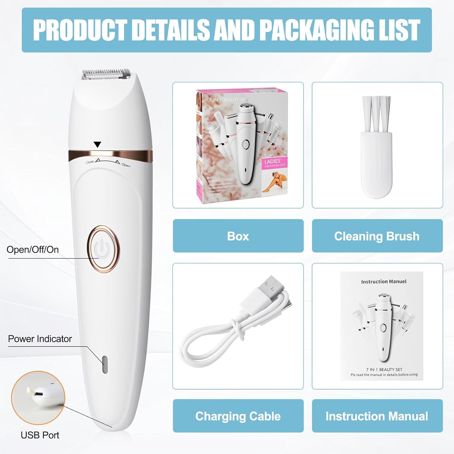 7 in 1 Electric Bikini Trimmer for Women, Women's Razor Shaver. Hair Removal Device for face, Bikini Area, Underarm, arm, and Legs. Compact and Convenient, Perfect for Home and Travel.