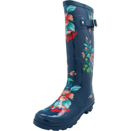 Norty Womens Hurricane Wellie - Glossy Matte Waterproof Hi-Calf Rainboots - Runs 1/2 Size Large, 40708 Blue Floral / (Best Rain Boots For Large Calves)