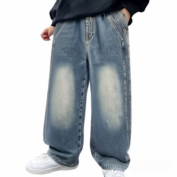 GiLiling Baggy Jeans for Boys and Girls, Wide Leg High Elastic Waist Y2K Vintage Wash Denim Pants, Loose Cargo Streetwear (Blue, 15-16 Years)