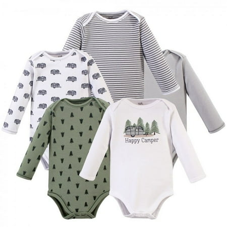 Touched by Nature Baby Boy Organic Cotton Long-Sleeve Bodysuits 5pk, Happy Camper, 0-3 Months