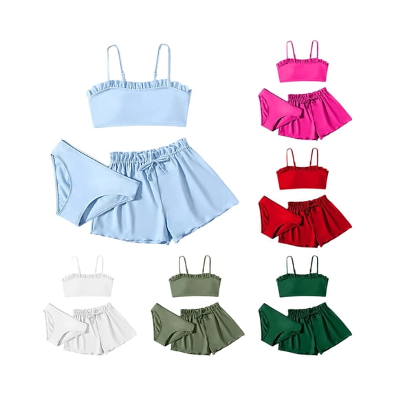 2026 New High Waisted Bikini Sets Sporty Three Piece Swimsuits Color Block Cheeky High Cut Bathing Suits, Bikini Set - Teen Swimwear Separate Top & Bottom for 7-13 Years (Light Blue, 7-8 Years)