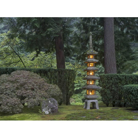 Stone Lantern Illuminated with Candles, Portland Japanese Garden, Oregon, USA Print Wall Art By William