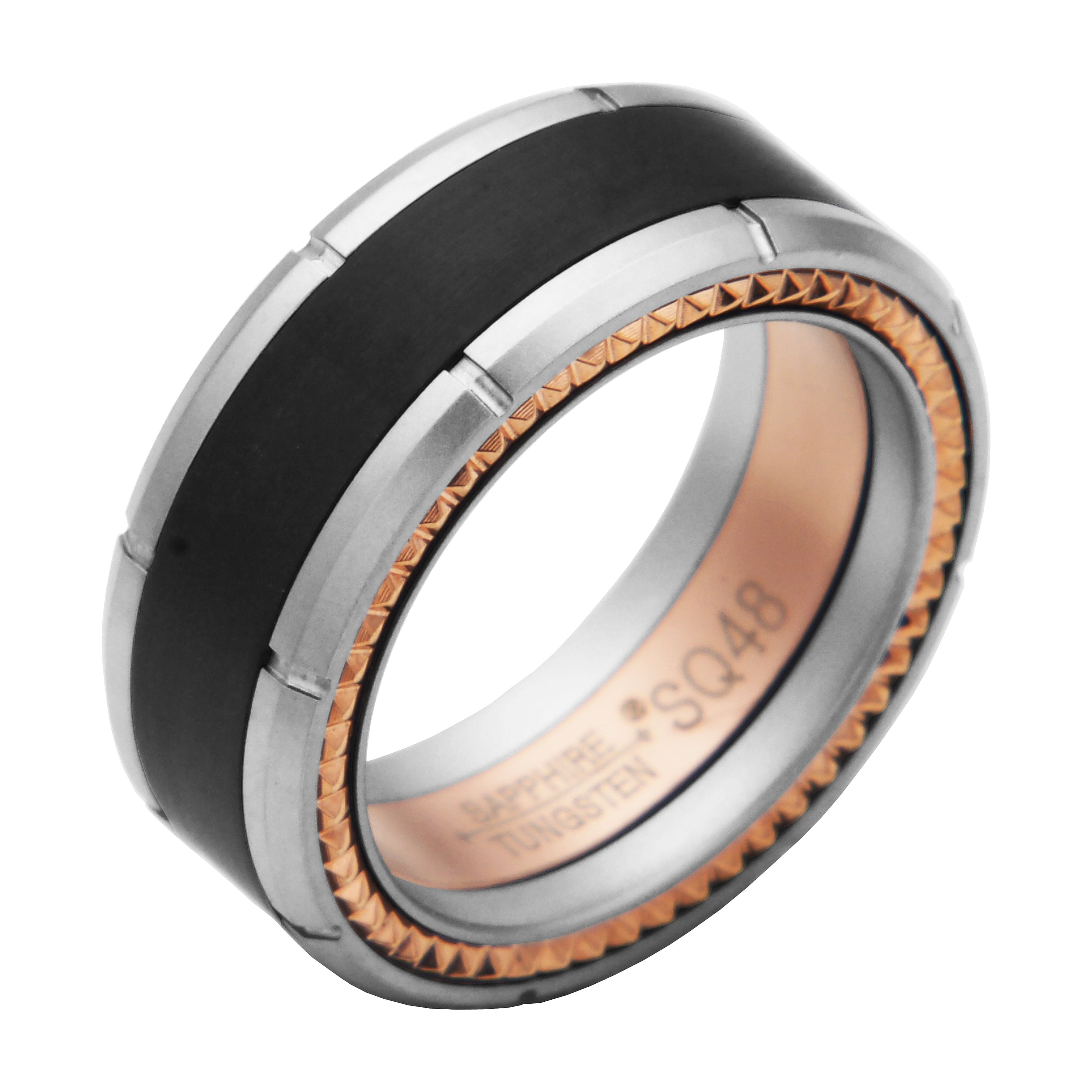 Men's Black and Sandblast Finish Sapphire Tungsten 8mm, IP Rose Gold and Steel Strips Interior and Edge Comfort Fit Wedding Band, Size 10.5