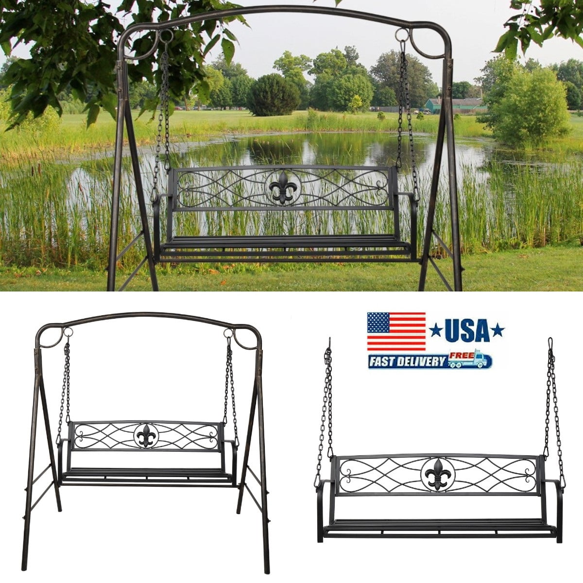 Goorabbit Porch Swing Bench,Outdoor Swing Bench,Outdoor Metal Hammock