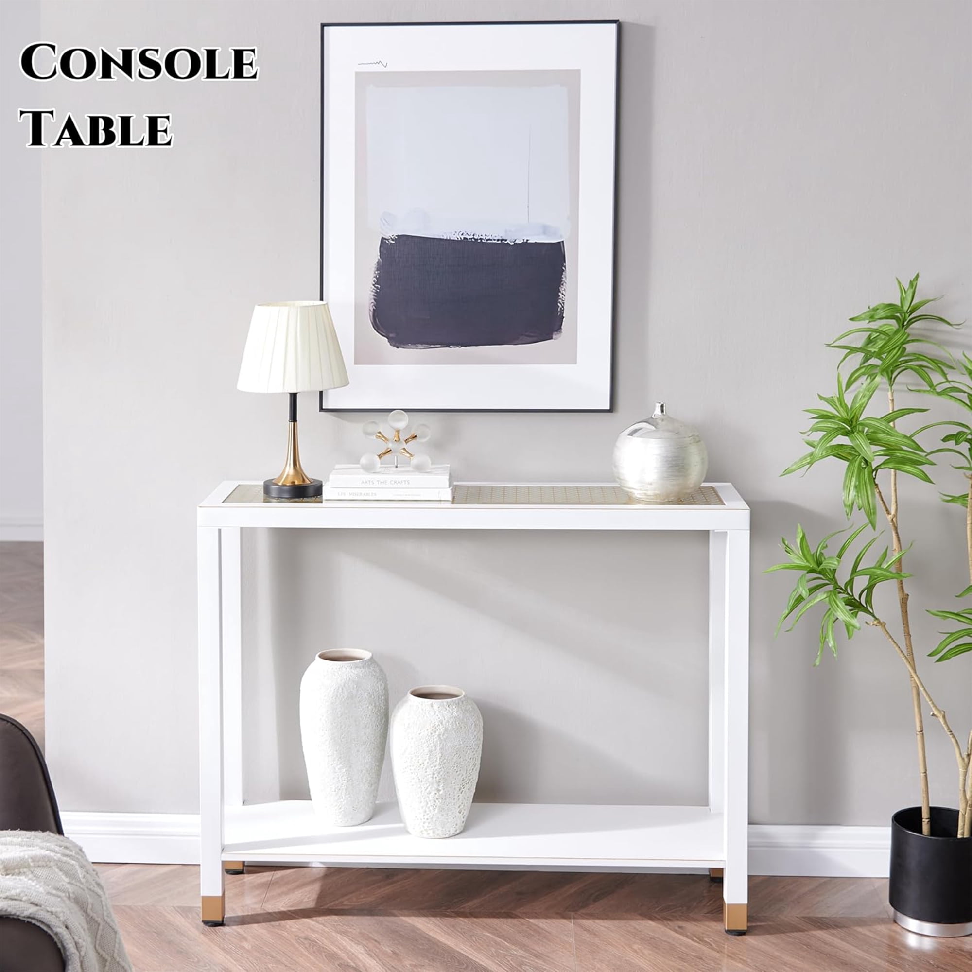 Leumius Glass Entryway Table, 2-Tier Entry Way Console Entrance Table, 41"L Narrow Sofa Table with Shelves for Hallway, Entryway, Living Room, Foyer, Corridor and Office White