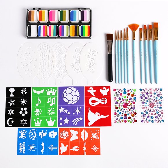 12-Color Water-Based Face Paint Palette (Rainbow Design) with 11 Brushes (Including Fan Brush), 11 Stencils, 1 Wide-Tip Brush & 2 Glitter Stickers – Washable Body Paint Kit for Kids, Festivals,