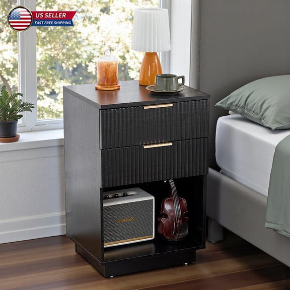 Hassch Modern Fluted Nightstand with 2 Drawers & Open Shelf, Black Compact Bedside Table for Small Bedrooms/Home Office, 15.75"L x 17.72"W x 27.56"H