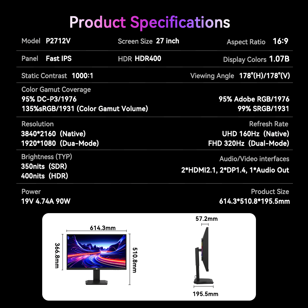 P2712V 27" Flat 16:9 Gaming Monitor - UHD 4K,160Hz / FHD320Hz Dual Mode, Fast IPS Panel, HDR400, 12 Scenario Modes, RGB Lighting-Titan Army
