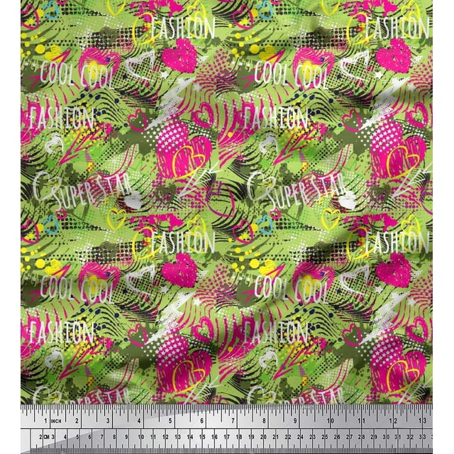 Soimoi Green polyester Crepe Fabric Heart,Star & Fashion Text Print Fabric by Yard 52 Inch Wide