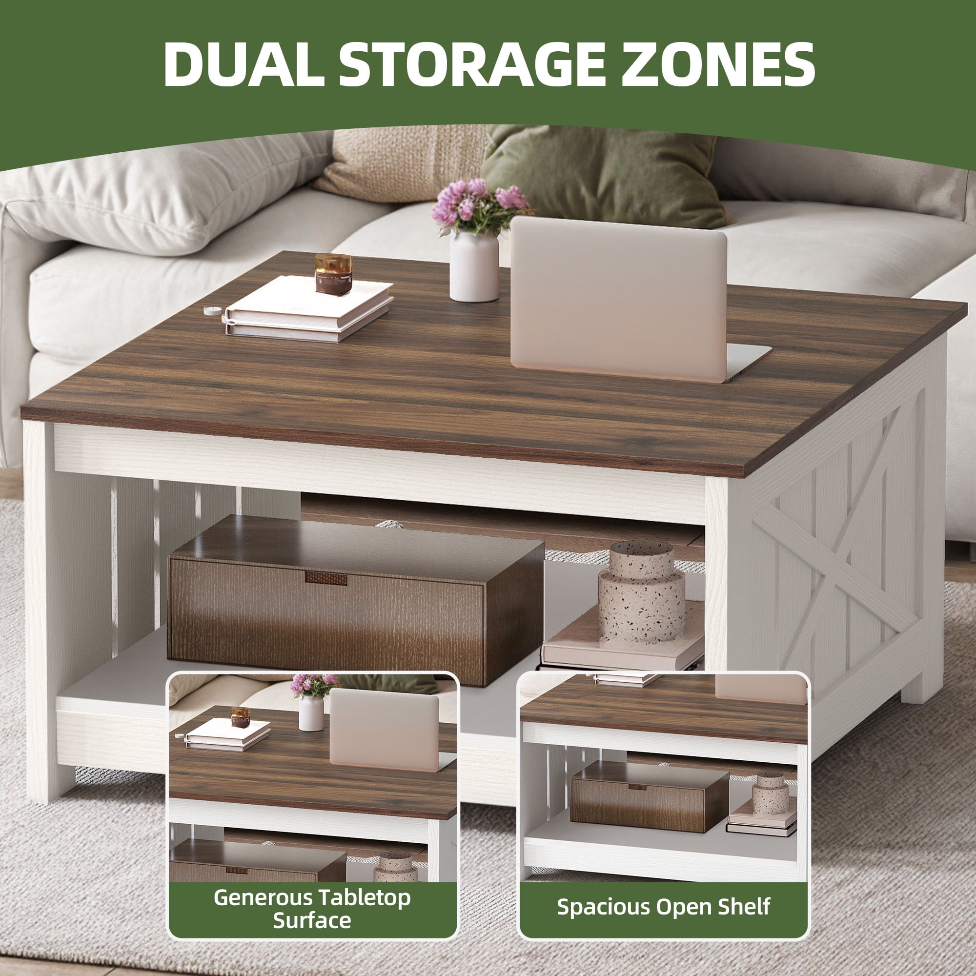 Uforic Coffee Table with Storage Shelf for Living Room, Farmhouse Center Table, White & Walnut