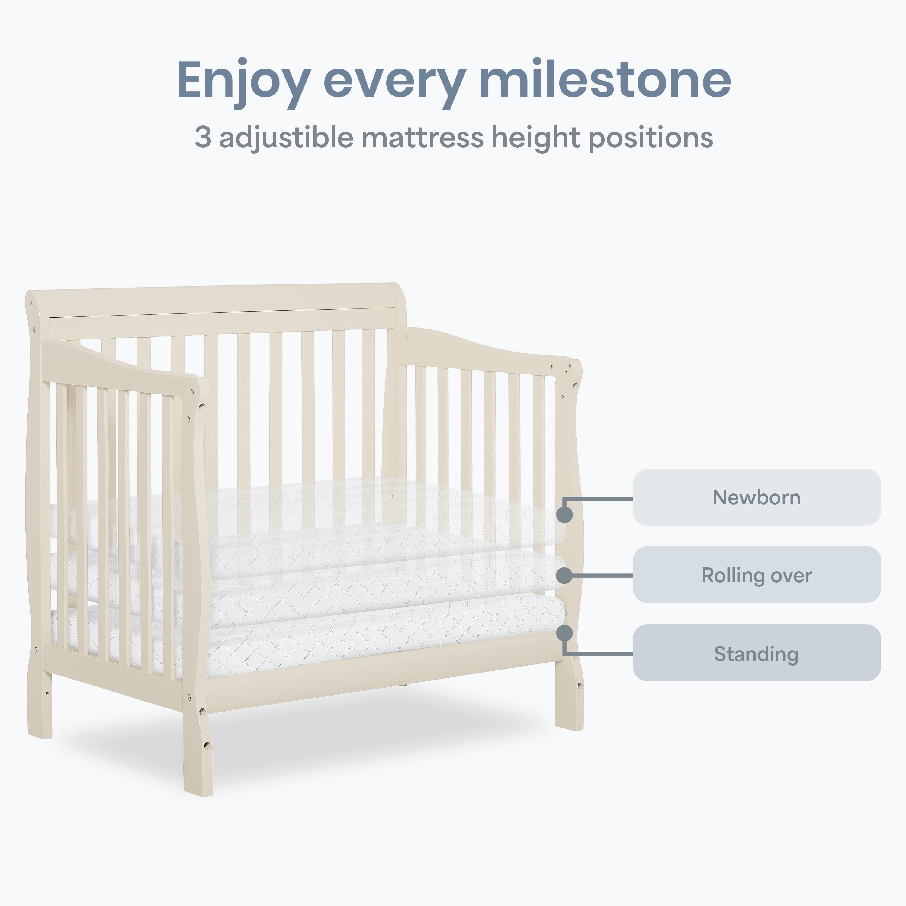 Dream On Me Aden 4-in-1 Convertible Mini Crib In French White, Greenguard Gold Certified